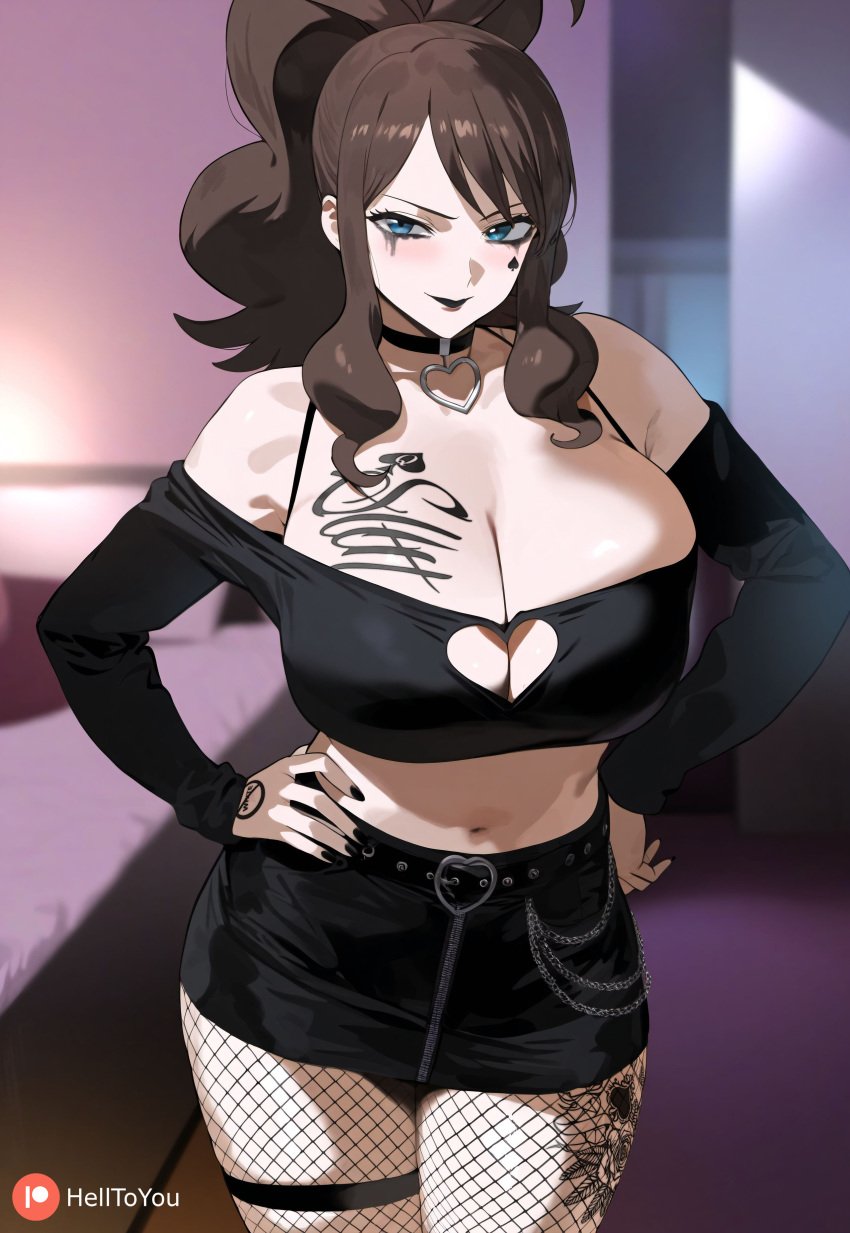 1girls accesories big_ass big_breasts black_clothing black_legwear black_lipstick blue breasts brown_eyes brown_hair collar goth helltoyou hilda_(pokemon) lipstick painted_nails pokemon ponytail qos queen_of_spades runny_makeup smiling smiling_at_viewer tattoo