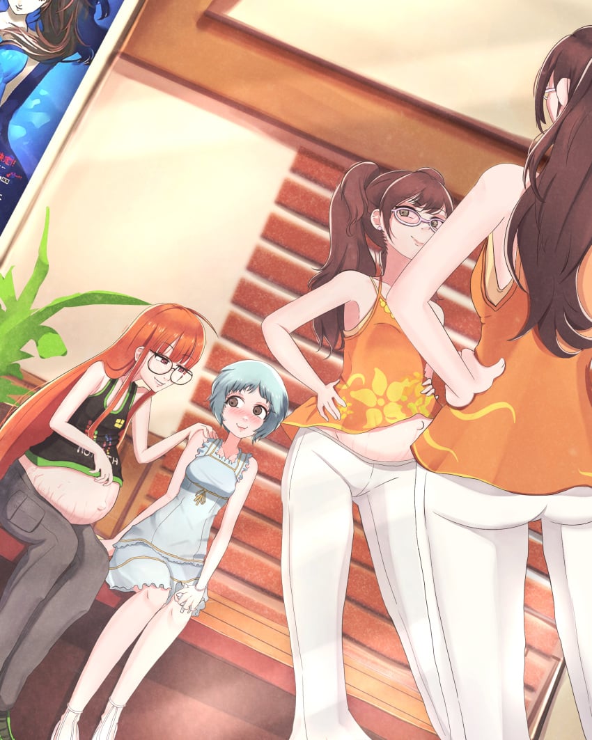 3girls aldrichpudding blue_hair blush brown_hair glasses gripping hand_on_shoulder kujikawa_rise long_hair mall mirror multiple_girls multiple_pregnancies orange_hair persona persona_3 persona_4 persona_5 pregnant pregnant_female public ready_to_pop sakura_futaba short_hair sitting small_breasts tagme tank_top tank_top_lift twintails yamagishi_fuuka