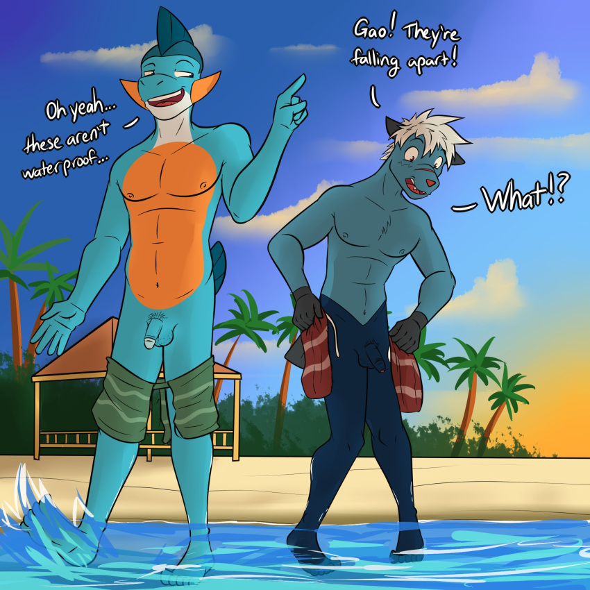 2boys beach fuze gao_(fuze) male male_only marshtomp multiple_boys non-human non-human_only pokemon senftember senftember_(2024) skinny taiko_(fuze) wardrobe_malfunction