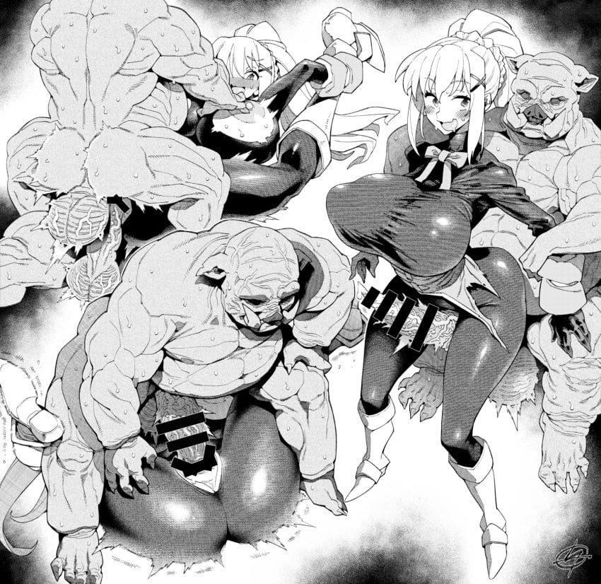 1girls 2boys bajou_takurou darkness_(konosuba) female huge_breasts kono_subarashii_sekai_ni_shukufuku_wo! monster muscular muscular_male pig tagme torn_clothes tremble_lines tremble_spikes unusual_penis vajo