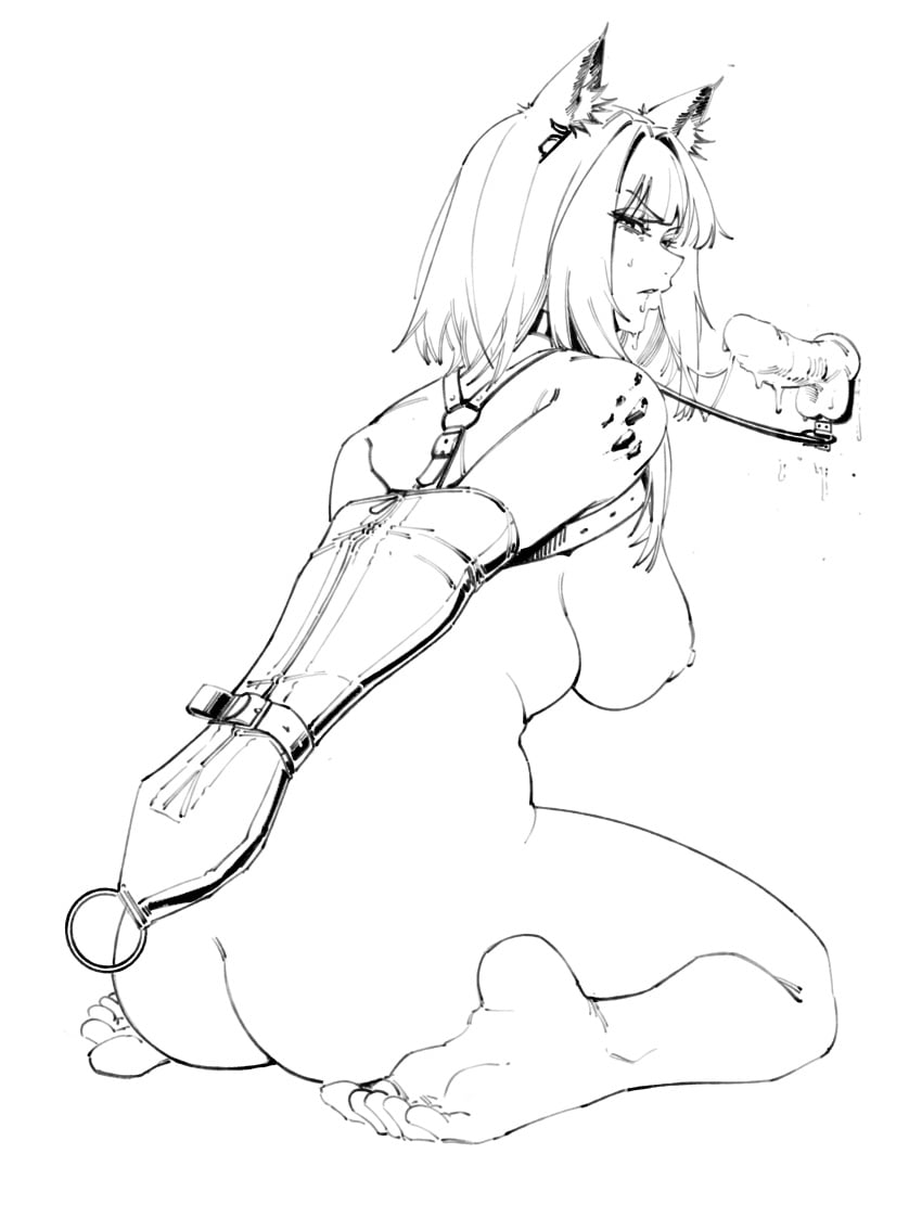 angry animal_ears arknights armbinder ass bondage bound cat_ears collar cum harris_hero hi_res huge_breasts kal'tsit_(arknights) leash sketch