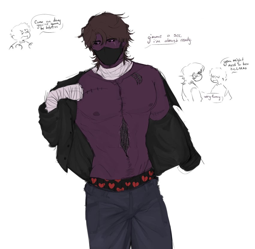 2022 bara brown_hair dressing_up dumeefany face_mask five_nights_at_freddy&#039;s jacket male male_nipples medium_hair michael_afton muscular muscular_male nipples pants partially_clothed pissgag purple_body purple_skin scars undead underwear zombie zombie_boy