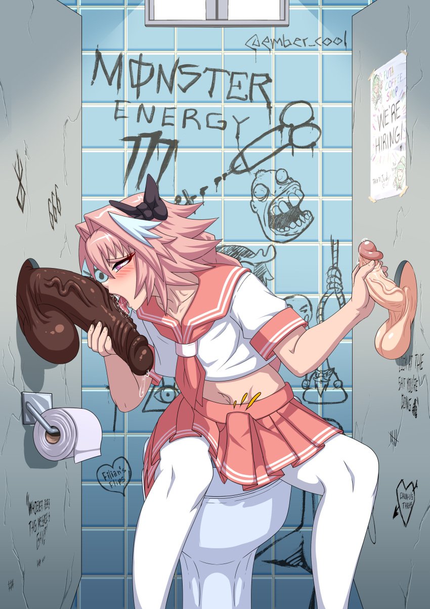 1femboy 3boys astolfo_(fate) balls big_penis blush clothing ember_cool erection fat_cock fate/grand_order fate_(series) fellatio femboy gigantic_penis girly glory_hole handjob huge_cock large_penis licking licking_penis long_penis male male_focus male_only massive_penis navel penis penis_licking stockings thick_penis toilet white_stockings