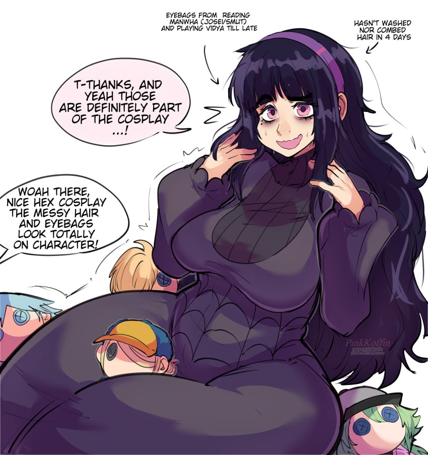 1girls between_thighs blue_hair cosplay dark_blue_hair dialogue dress english_text eyebags female female_only hairband hex_maniac hex_maniac_(cosplay) hi_res koffin long_hair looking_at_viewer mole mole_under_eye nintendo pink_eyes pinkkoffin plushie pokemon pokemon_xy smiling smiling_at_viewer solo speech_bubble talking_to_viewer thick_thighs wavy_mouth white_background