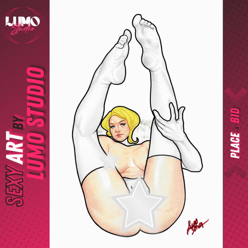 blonde_hair blue_eyes censored censored_genitalia censored_nipples censored_pussy emma_frost lucas_silva lumo_studio marvel marvel_comics pinup white_queen wine x-men