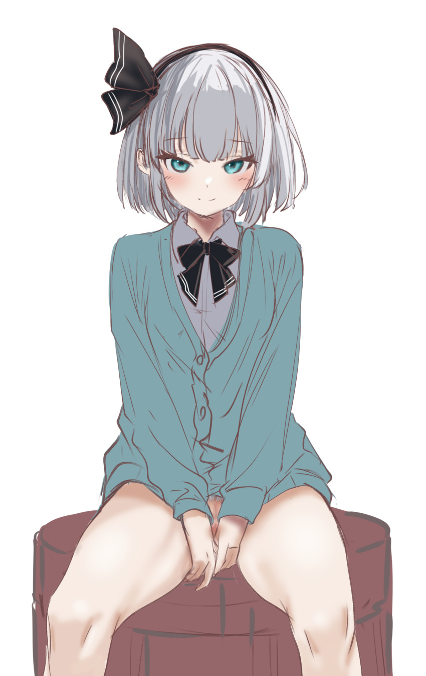 black_hairband black_ribbon blush bottomless cardigan cleft_of_venus commentary_request feet_out_of_frame female female_pubic_hair green_cardigan grey_hair grey_shirt hairband highres konpaku_youmu light_smile looking_at_viewer neck_ribbon pubic_hair ribbon shirt short_hair sitting soara_shimomo solo touhou