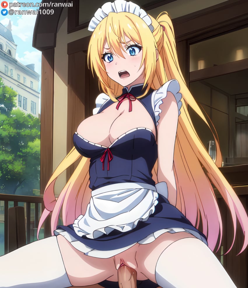 1boy ai_generated apron bangs blonde_hair blue_eyes blush breasts cleavage clothing cowgirl_position cowgirl_position dress female female hair_between_eyes headdress headwear kirisaki_chitoge large_breasts legwear long_hair maid maid_apron maid_headdress male nisekoi on_top open_mouth penis ponytail ranwai sex solo_focus spread_legs stable_diffusion straddling straight sweatdrop thighhighs tied_hair uniform vagina vaginal_penetration very_long_hair white_legwear white_thighhighs