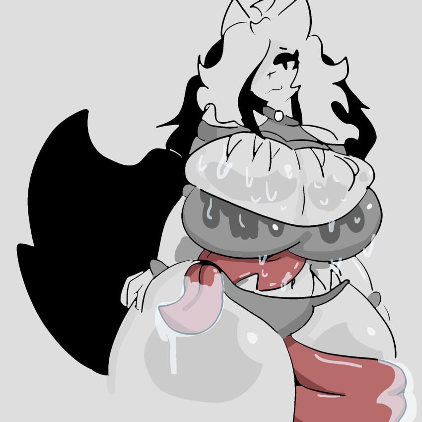 :3 animal_ears bbw bikini black_and_white blackholetree_(artist) breast_overflow breast_squeeze breast_squish collar cowlick dripping hair_tuft hands_on_hips hourglass_figure large_ass large_breasts large_hips large_thighs long_hair mimic mimic_chest monochrome original_artwork original_character overflow overflowing_breasts saliva saliva_on_breasts seductive_look shiny_skin simple_background tail teeth tentacle tongue tongue_on_breast wet_clothes wet_skin wolf_girl