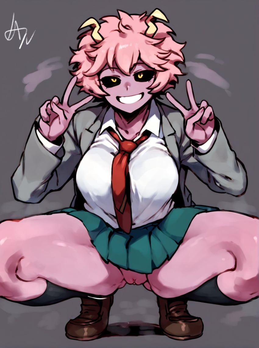 ai_generated ashido_mina black_sclera black_socks breasts colored_sclera colored_skin double_v female green_skirt grey_background grin horns jacket large_breasts loafers looking_at_viewer milkyslice mina_ashido my_hero_academia necktie no_panties pink_hair pink_skin pleated_skirt pussy school_uniform shirt shoes short_hair simple_background skirt smile socks solo spread_legs squatting thighs u.a._school_uniform v yellow_eyes