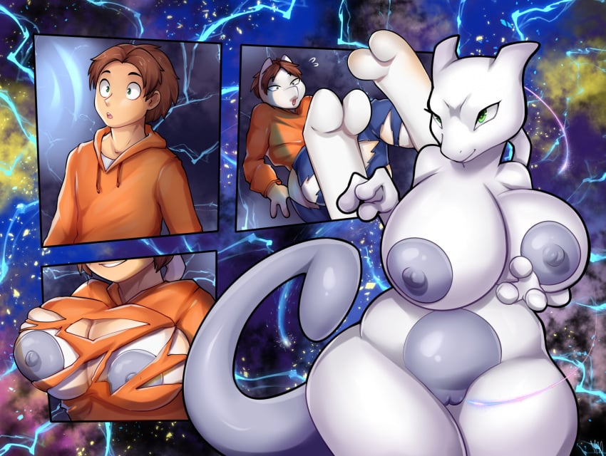 2023 3_fingers anthro big_breasts breast_growth breasts brown_hair clothing digital_media_(artwork) female fingers gender_transformation generation_1_pokemon genitals green_eyes growth hair hi_res hoodie human human_to_anthro legendary_pokemon looking_up male mammal mewtwo mtf_transformation nintendo nipples nude orange_clothing orange_hoodie orange_topwear pokemon pokemon_(species) pussy smile solo species_transformation surprised tail tail_growth topwear torn_clothing transformation villmix wide_hips