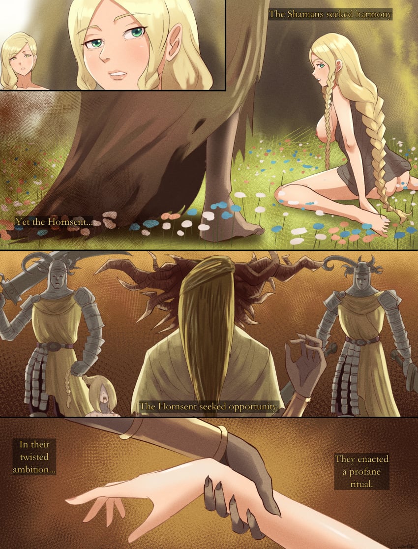 1girls big_ass big_breasts blonde_hair braid braided_hair breasts breasts_out cleavage comic elden_ring female female_focus fromsoftware hornsent numen_(elden_ring) queen_marika_the_eternal ritual see-through shadow_of_the_erdtree shaman_(elden_ring) shaman_village sitting thick_thighs thighs veiled616