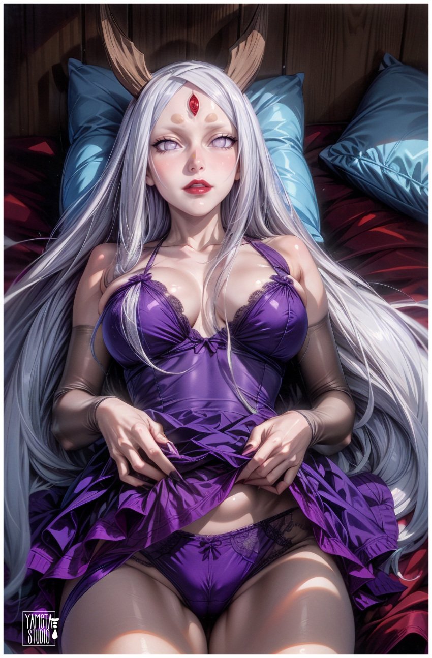 adult ai_generated alien alien_girl big_breasts breasts busty byakugan fanart female glowing_eyes horn horns lace lace-trimmed_bra lace_trim long_bangs long_hair looking_at_viewer naruto naruto_(series) naruto_shippuden on_back on_bed otsutsuki_kaguya pale-skinned_female pale_skin sharingan white_hair yametastudio