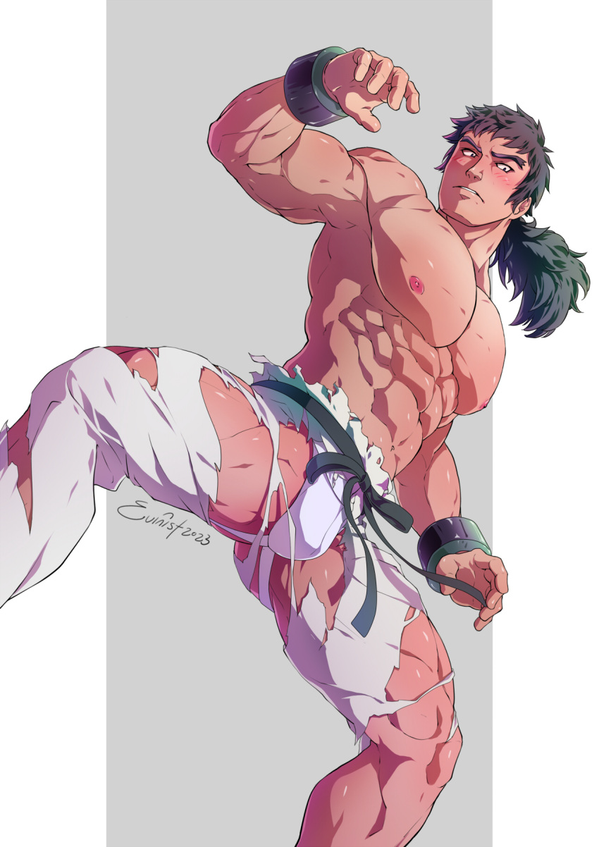 1boy abs armpits bara black_hair blush bracelet bruno_(pokemon) commentary english_commentary evinist highres jewelry jockstrap large_pectorals long_hair male_focus male_underwear martial_arts_belt muscular muscular_male navel nipples pants pectorals pokemon pokemon_frlg ponytail signature simple_background solo thighs topless_male torn_clothes torn_pants underwear white_pants