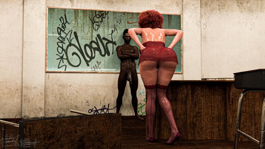 1boy 1girls 2024 abandoned_building back_view dark-skinned_male enetwhili2 female indoors lipstick male mature mature_female milf nude nude_male orange_hair red_hair standing straight wide_hips