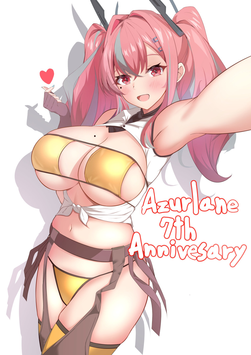 absurdres azur_lane bikini breasts bremerton_(azur_lane) brown_gloves cleavage commentary_request cowboy_shot crop_top english_text female fingerless_gloves framed_breasts gloves grey_hair highres huge_breasts long_hair midriff mole mole_on_breast mole_under_eye multicolored_hair navel open_mouth outstretched_arm pink_hair red_eyes simple_background solo streaked_hair swimsuit thighhighs twintails two-tone_hair white_background yellow_bikini yellow_thighhighs yumemin_(yumemi5140)