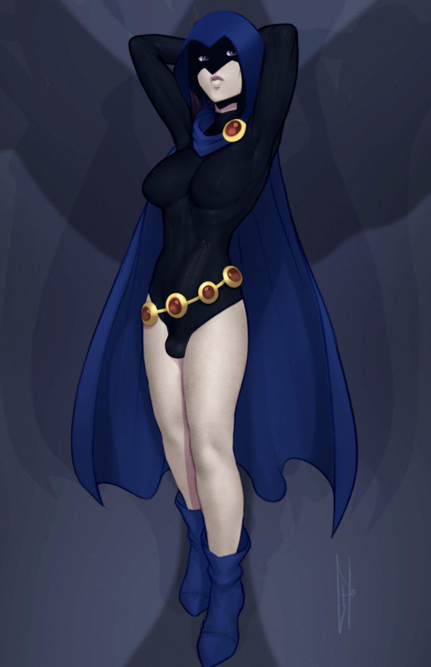 bulge casual clothing dc_comics footwear futa_only futanari human intersex leotard outerwear pale_skin raven_(dc)