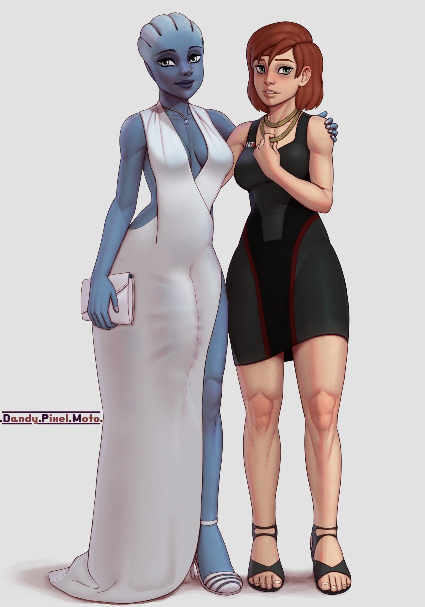 1futa 1girl 2d alien asari blue_skin bulge commander_shepard dandypixelmoto dress femshep futanari jane_shepard liara_t'soni mass_effect red_hair