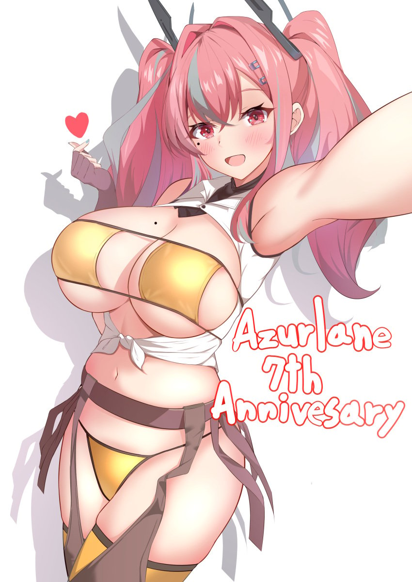 :d absurdres anniversary arm_up armpits azur_lane bare_shoulders bikini blush breasts bremerton_(azur_lane) brown_gloves cleavage commentary_request cowboy_shot crop_top drop_shadow english_text female finger_heart fingerless_gloves framed_breasts gloves gold_bikini grey_hair hair_between_eyes hair_intakes hair_ornament hairclip highres large_breasts long_hair looking_at_viewer mole mole_on_breast mole_under_eye multicolored_hair navel official_alternate_costume open_mouth outstretched_arm pink_eyes pink_hair red_eyes shadow shirt sidelocks simple_background skindentation sleeveless sleeveless_shirt smile solo standing stomach streaked_hair swimsuit thighhighs tied_shirt twintails two-tone_hair white_background white_shirt yellow_thighhighs yumemin_(yumemi5140)