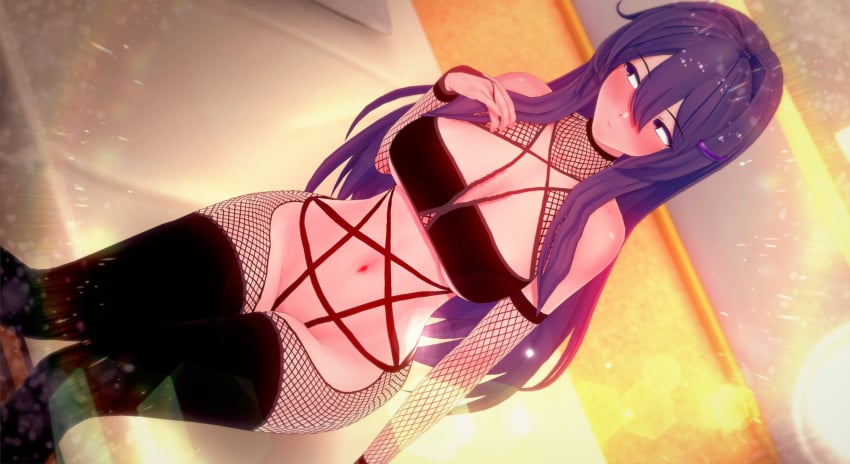 3d avoiding_eye_contact blush doki_doki_literature_club fishnets goth goth_girl human human_only light-skinned_female light_skin lingerie mashirosolera pentagram pentagram_lingerie shy yuri_(doki_doki_literature_club)