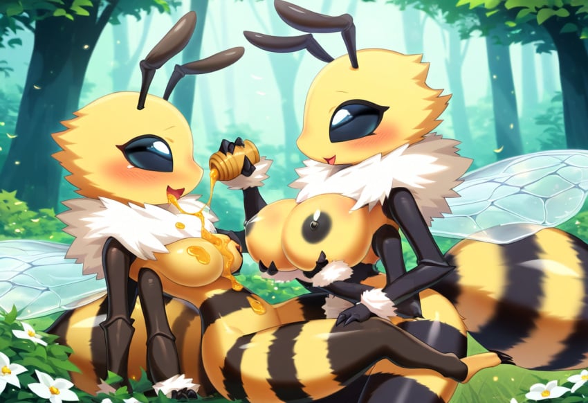 2girls 4_arms ai_generated bee_girl black_eyes blush breasts honey_on_body honey_on_breasts insect_girl nude open-mouth_smile wings yuri