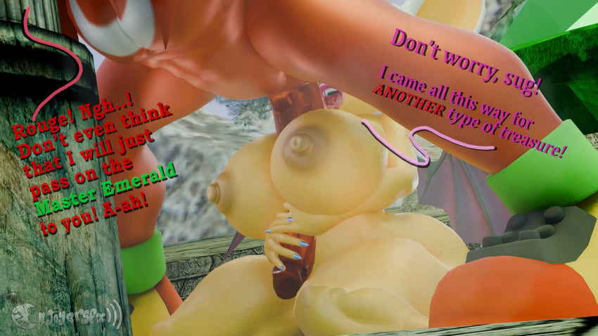 3d 3d_(artwork) anthro areola bat dialogue duo echidna english_text erect_nipples erection female huge_breasts huge_cock knuckles_the_echidna male nipples paizuri penis plumenjoyerse rouge_the_bat sex sonic_(series) titfuck titjob