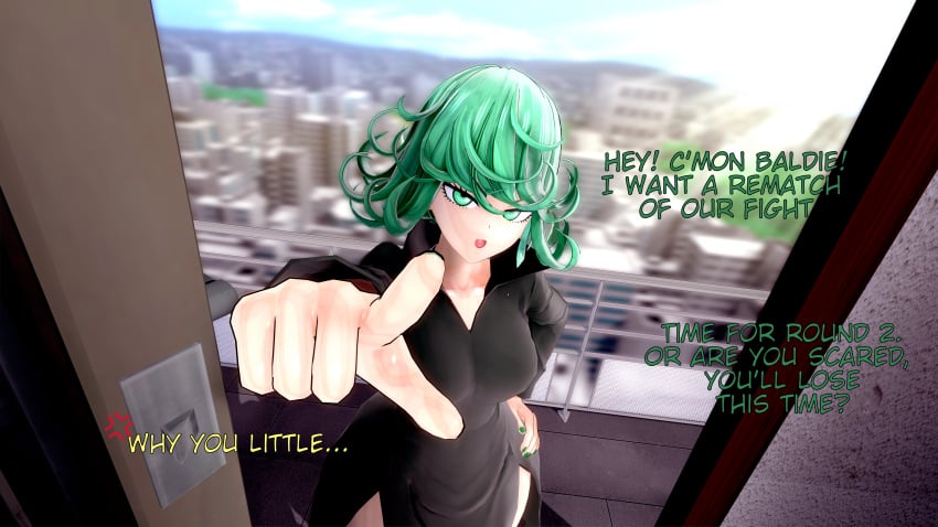 1boy 1girls 3d answering_door clothing english_text female green_eyes green_hair male one-punch_man saitama shawshank5 tatsumaki