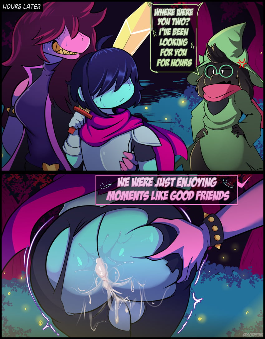 1futa 2boys after_sex ass_grab big_ass clothed clothing cum_in_ass deltarune english_text femboy futa_on_male futadom futanari human kris_(deltarune) lordfink male malesub mostly_clothed ralsei ralsei_with_black_fur standing susie_(deltarune) tagme undertale_(series)