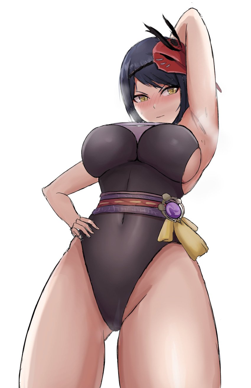 1girls armpits big_breasts blush bodysuit breasts female genshin_impact huge_breasts kujou_sara large_breasts purple_hair skin_tight sleeptopi solo solo_female thick_thighs thighs yellow_eyes