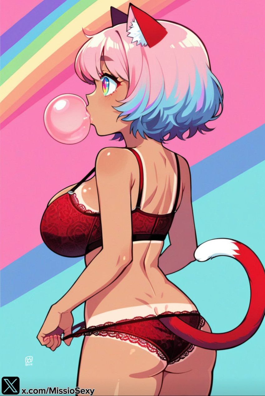 1girls ai_generated blowing_bubble_gum blowing_bubblegum bubble_gum bubblegum cat_ears cat_girl cat_tail chewing_gum female furry furry_ears furry_female furry_only furry_tail gum lenceria miss_io multicolored_body multicolored_hair nekohana rainbow rainbow_hair stable_diffusion