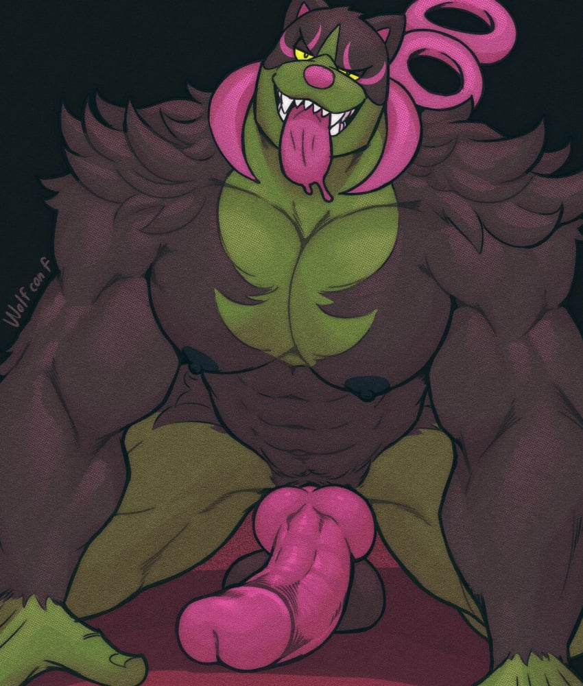 1boy abs anthro bara barazoku biceps big_balls big_penis black_fur detailed_background digital_media_(artwork) fur furry gay green_fur hi_res highres huge_cock knot looking_at_viewer male male_only muscular muscular_male nipples okidogi pecs pokemon pokemon_(species) pokemon_ss solo solo_focus solo_male tagme thick_penis veiny_penis wolf_con_f yellow_eyes