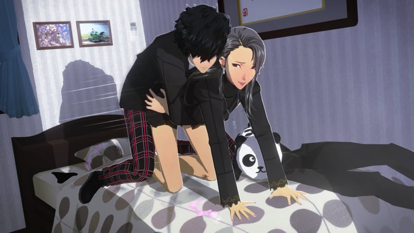 1boy 1girls all_fours bed black_hair clothed_male doggy_style grey_hair partially_clothed_female persona persona_5 ren_amamiya sae_niijima sex uriziel38