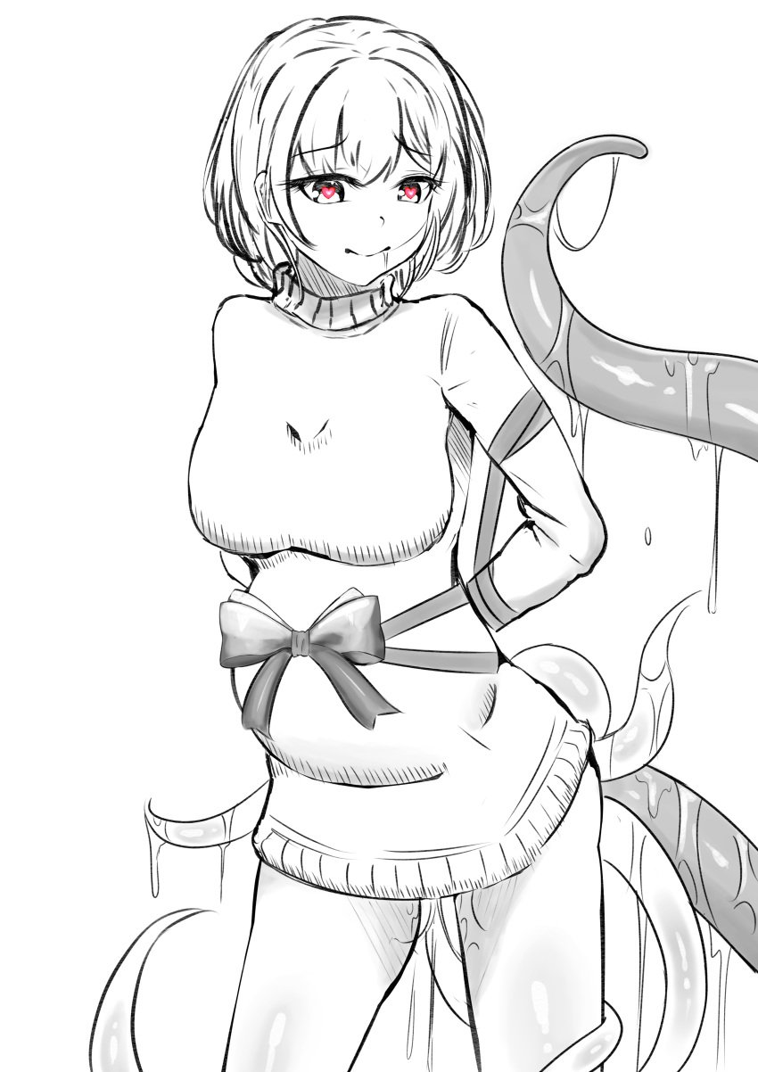 1girls anal_birth clothing coco-daufu creature_inside female gift host infestation monochrome open_mouth original pregnant present shirt short_hair smile stomach_bulge tentacle tentacle_pregnancy turtleneck unwrapping