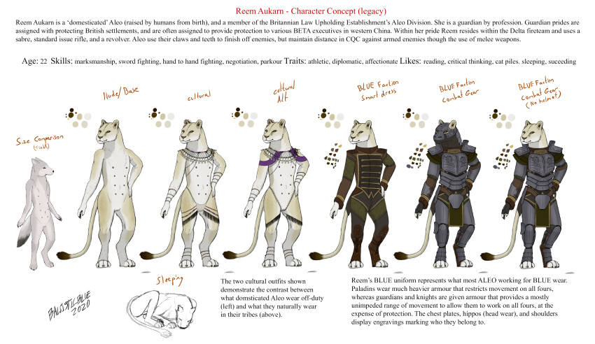 2020 absurd_res aleo_(dalius) anthro armor ballisticblue canid canine canis canis_peritissimus character_study clothed clothing concept_art design_sheet digital_media_(artwork) english_text felid feline female flat_chested fur genitals headgear helmet hi_res lion mammal nipples nude pantherine paws pose pussy reem_aukarn simple_background smile text tiahk white_body white_fur wolf yellow_body yellow_eyes yellow_fur