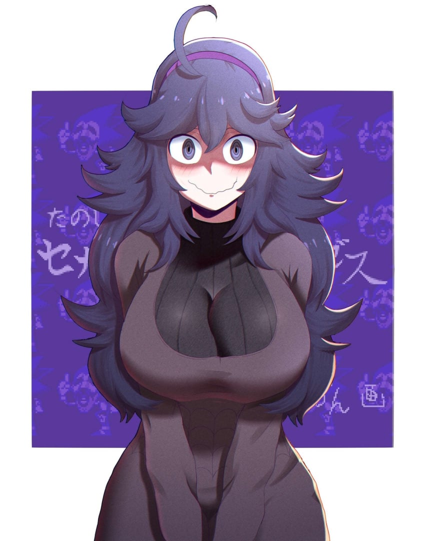 @_@ antenna_hair blush breasts closed_mouth cowboy_shot dress female hairband hex_maniac hex_maniac_(pokemon) highres huge_breasts long_hair long_sleeves looking_at_viewer majin_sonic messy_hair nervous pokemon pokemon_xy purple_background purple_dress purple_eyes purple_hair purple_hairband shaded_face simple_background smile solo sonic_(series) sonic_cd sonic_the_hedgehog_(classic) sonic_the_hedgehog_(series) standing tidal_(tidaltides) two-tone_background v_arms wavy_mouth