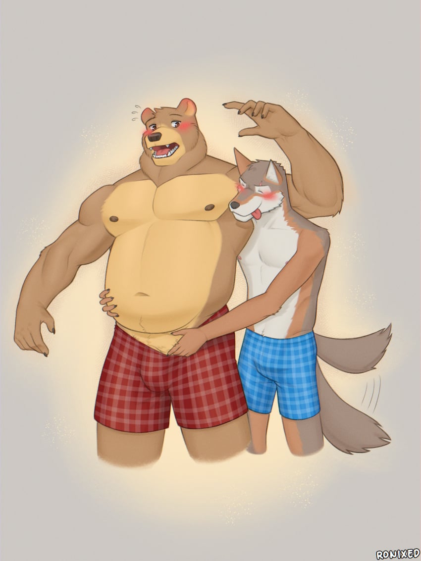 absurd_res anthro arches_(game) ass bear belly big_butt bulge cameron_wilson canid canine canis clothed clothed/nude clothing coyote devon_ortega duo echo_(series) echo_project flustered genitals hi_res male male/male mammal musclegut muscular muscular_male nude pecs penis ronixed slightly_chubby slightly_chubby_male