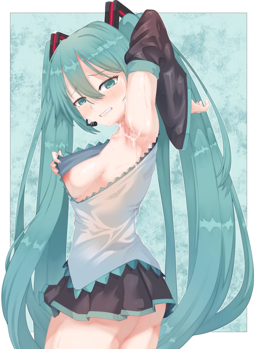 1girls areolae arm_behind_head armpits blush breasts cheesoart clothes_pull cum cum_on_armpit female female_only green_eyes green_hair hatsune_miku hi_res long_hair looking_at_viewer nipples side_view solo teeth_clenched twintails vocaloid