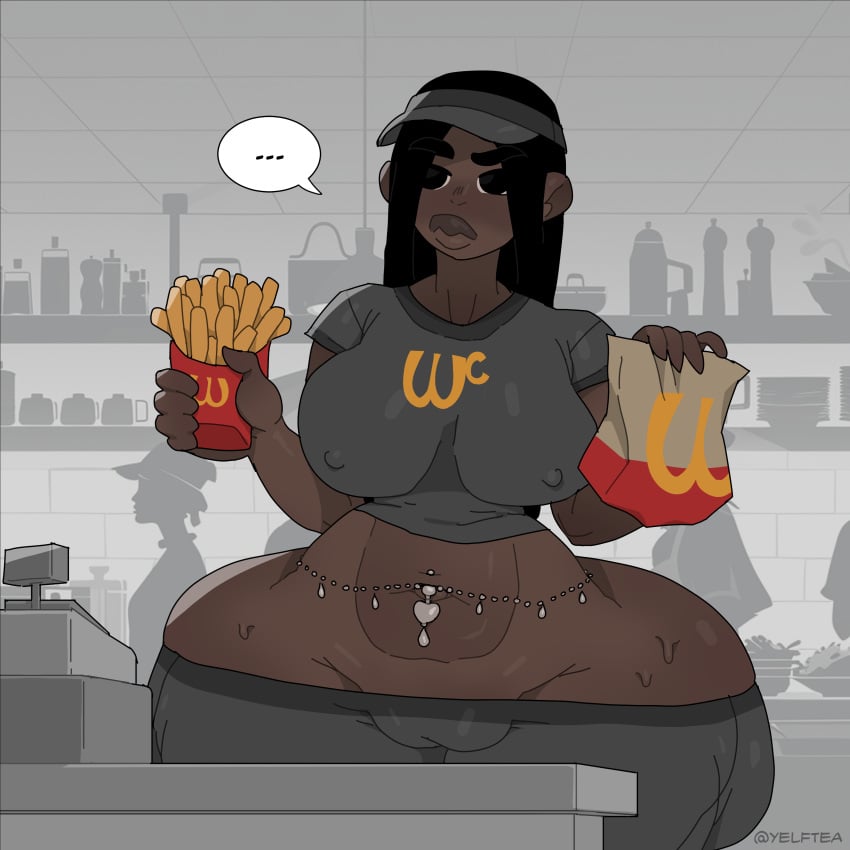 2d_(artwork) african_female belly_button_piercing cashier crowd dark-skinned_female fast_food_uniform fries hyper_ass hyper_butt noirgutpunch pointing_down thick_ass thick_thighs tight_shirt tights waist_chain yelftea