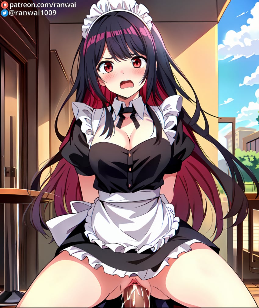 1boy ai_generated apron arms_behind_back bangs black_dress black_hair blush breasts cleavage clitoris clothed_sex clothing cloud cowgirl_position cowgirl_position day detached_collar dress enmaided female female frilled_apron frilled_dress frills headdress headwear indoors large_breasts long_hair looking_at_viewer maid maid_apron maid_headdress male mayonaka_heart_tune multicolored_hair neck_ribbon open_mouth penis puffy_short_sleeves puffy_sleeves ranwai red_eyes red_hair semen sex short_sleeves sky solo_focus spread_legs stable_diffusion straddling straight tune_in_to_the_midnight_heart two-tone_hair uniform uzuki_shinobu vaginal_penetration waist_apron white_apron