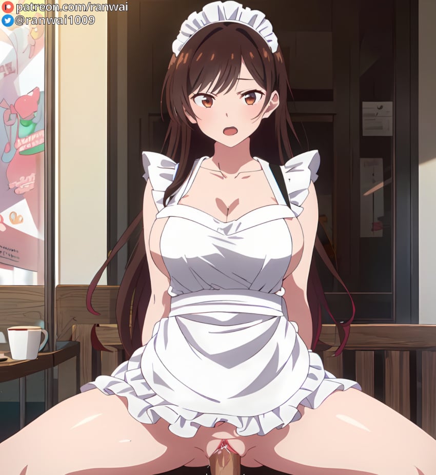 1boy ai_generated apron arms_behind_back bangs blush breasts brown_eyes brown_hair chair cleavage clitoris clothing cowgirl_position cowgirl_position cup female female frilled_apron frills hadaka_apron headdress headwear indoors kanojo_okarishimasu large_breasts long_hair looking_at_viewer maid maid_apron maid_headdress male mizuhara_chizuru open_mouth penis ranwai semen sex sideboob solo_focus spread_legs stable_diffusion straddling straight table teacup thighs uniform vagina vaginal_penetration white_apron