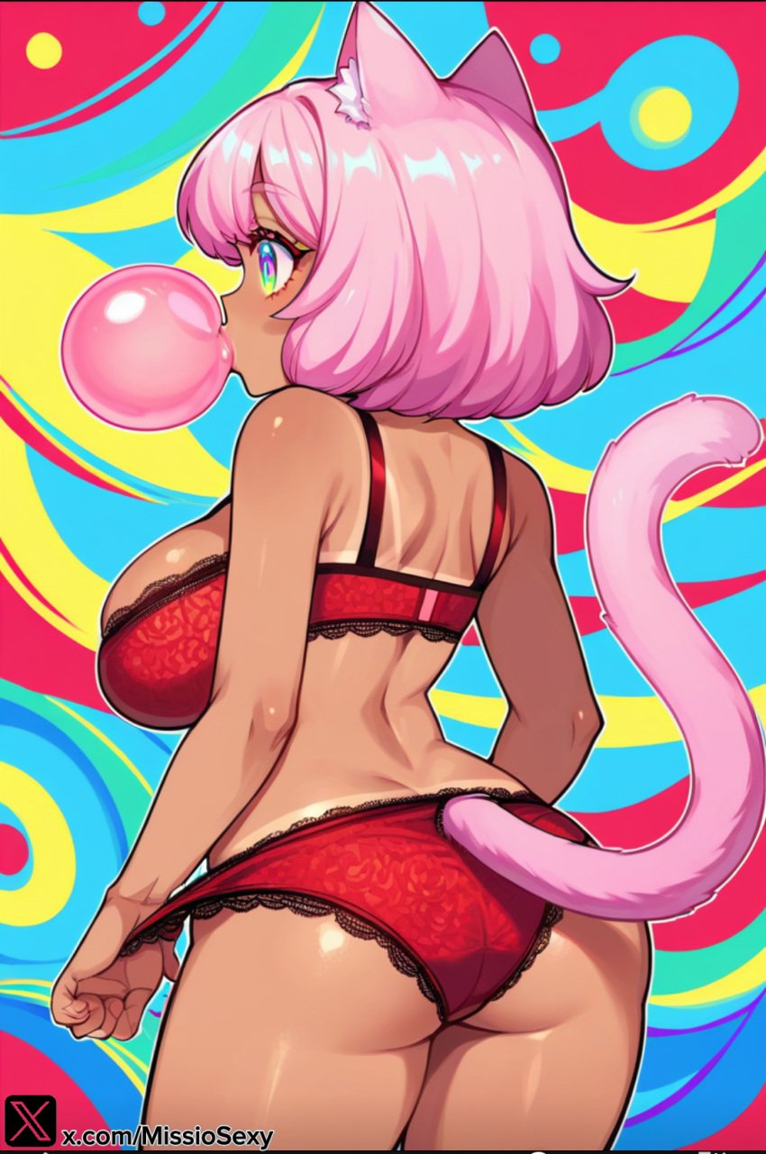 1girls ai_generated ass big_ass big_breasts blowing_bubble_gum blowing_bubblegum breasts bubble_gum bubblegum cat_ears cat_girl cat_tail chewing_gum female female_only furry furry_ears furry_female furry_only furry_tail gum lenceria miss_io multicolored_body multicolored_hair nekohana panties rainbow rainbow_hair short_hair stable_diffusion