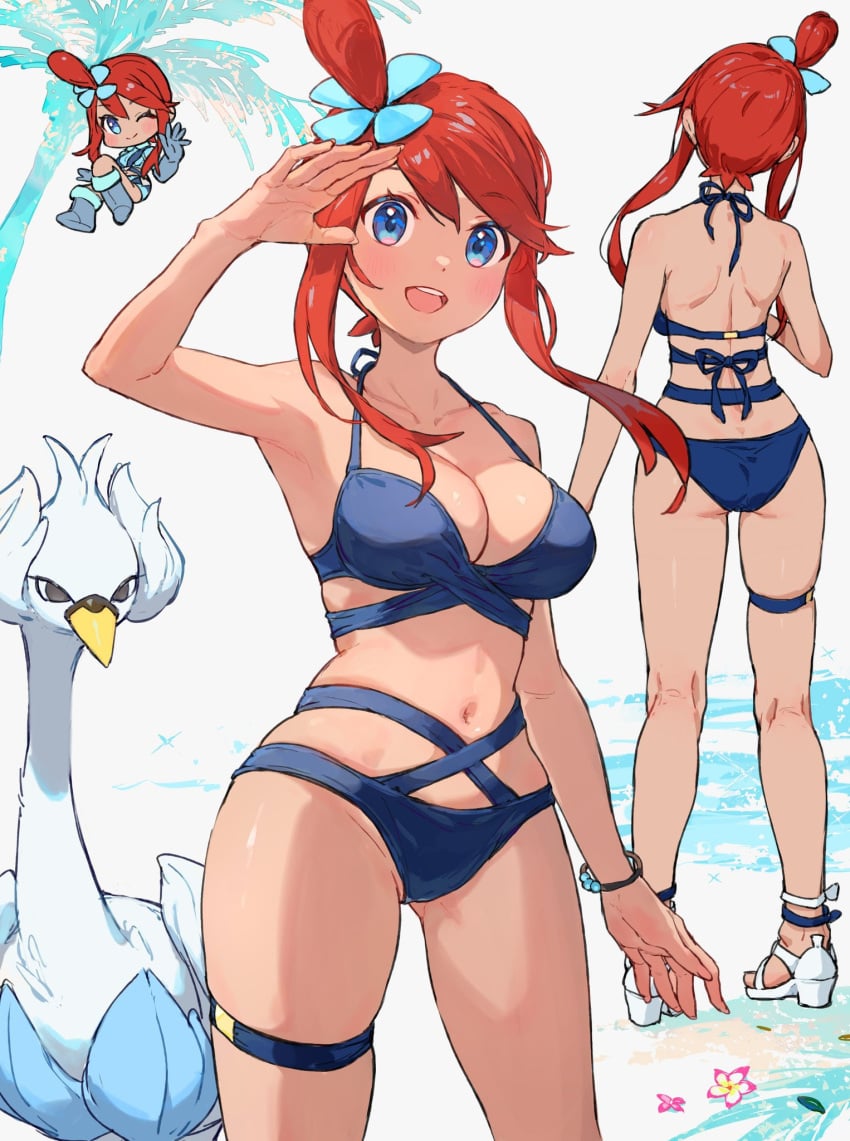 1girls bikini blue_eyes blue_gloves booty breasts creatures_(company) crop_top cropped_jacket female game_freak gen_5_pokemon gloves hair_ornament highres long_hair looking_at_viewer midriff navel nintendo one_side_up open_mouth pokemon pokemon_(creature) pokemon_bw red_hair sandals short_shorts shorts sidelocks skyla_(pokemon) smile swanna swimsuit yosame0a