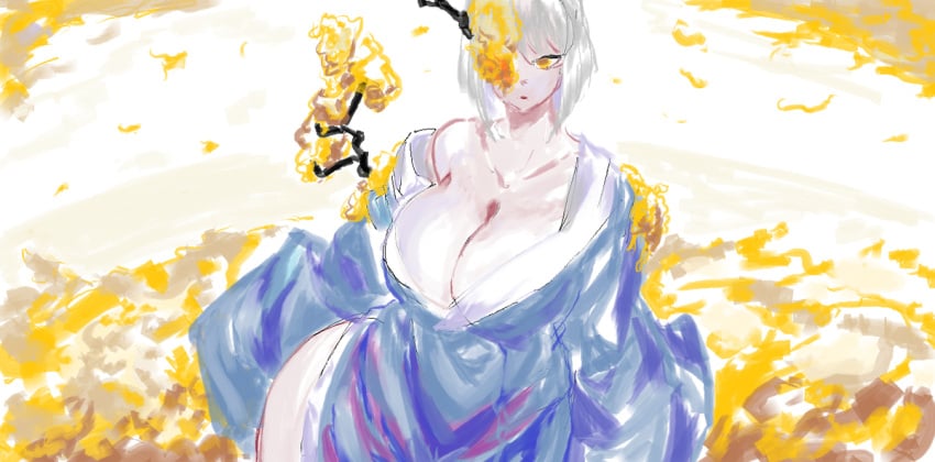 1girls branch branches cleavage dongbaek_(limbus_company) female female_focus female_only flower_over_eye flowers large_breasts limbus_company looking_at_viewer loose_clothes open_mouth project_moon short_hair white_hair yellow_eyes yellow_flowers