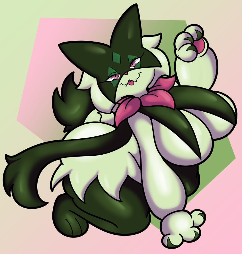 anthro ass big_ass big_breasts covered_nipples curvy furry green_fur meowscarada paws pink_eyes pokemon pokemon_(species) seductive someth1ngoranother tongue tongue_out