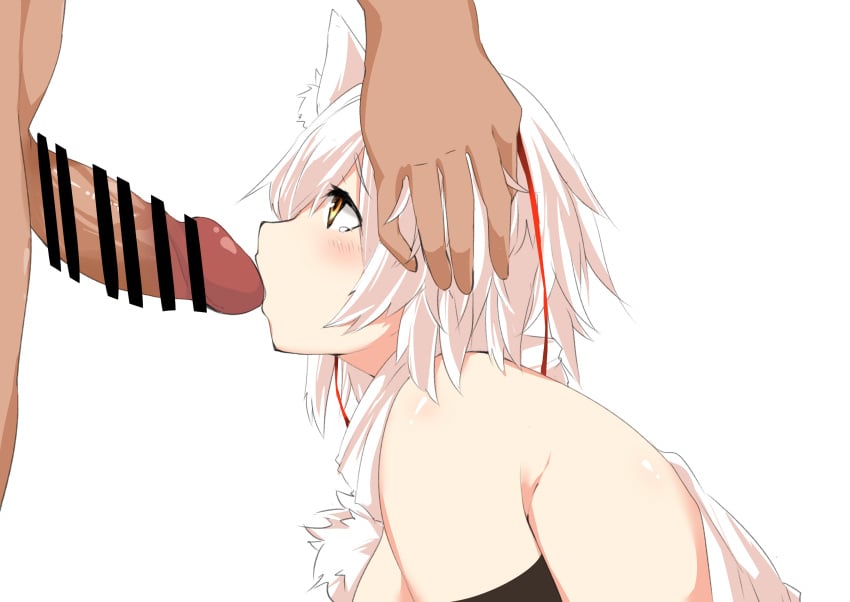 1boy absurdres animal_ear_fluff animal_ears bar_censor blush breasts censored commentary_request fellatio female hair_between_eyes hand_on_another's_head highres houkai_(collapse_illust) inubashiri_momiji irrumatio kissing_penis large_breasts looking_at_another open_mouth oral penis pom_pom_(clothes) profile shirt short_hair sideboob simple_background sleeveless sleeveless_shirt solo_focus straight textless_version touhou turtleneck turtleneck_shirt upper_body variant_set white_background white_hair white_shirt wolf_ears wolf_girl yellow_eyes