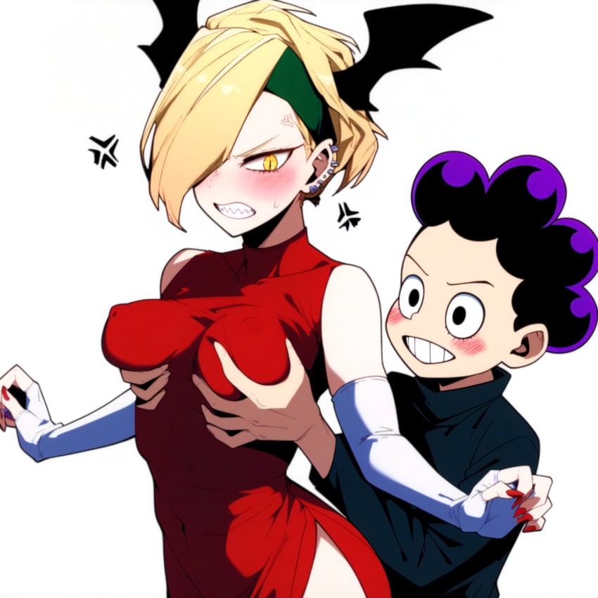 1boy1girl 1girls age_difference ai_generated anger_vein angry angry_face annoyed ass bare_breasts bare_shoulders bat_wings belly_button big_breasts blonde_hair blush boku_no_hero_academia clothed clothing dress_slit ear_piercing elbow_gloves embarrassed eyelashes fingerless_gloves grabbing grabbing_breasts grabbing_from_behind groping groping_breasts groping_from_behind head_wings headband looking_at_another medium_breasts medium_hair minoru_mineta my_hero_academia nipple_bulge nipples nipples_visible_through_clothing original red_dress ryuukyuu sharp_teeth shiny_skin size_difference slit_pupils smaller_male spiked_ear_piercing spit spoken_anger_vein standing sweat sweatband thick_thighs thighs white_background white_elbow_gloves yellow_eyes yeyehuh