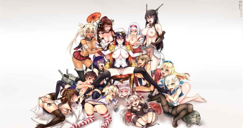 abs amatsukaze_(kantai_collection) atago_(kantai_collection) breasts dark_skin female female_admiral_(kantai_collection) futanari hamakaze_(kantai_collection) harem highres huge_breasts intersex kaga_(kantai_collection) kantai_collection kongou_(kantai_collection) large_breasts medium_breasts multiple_girls musashi_(kantai_collection) muscle muscular_futanari mutsu_(kantai_collection) nagato_(kantai_collection) northern_ocean_hime shimakaze_(kantai_collection) shoujo_donburi shoukaku_(kantai_collection) small_breasts tenryuu_(kantai_collection) toned yamato_(kantai_collection)