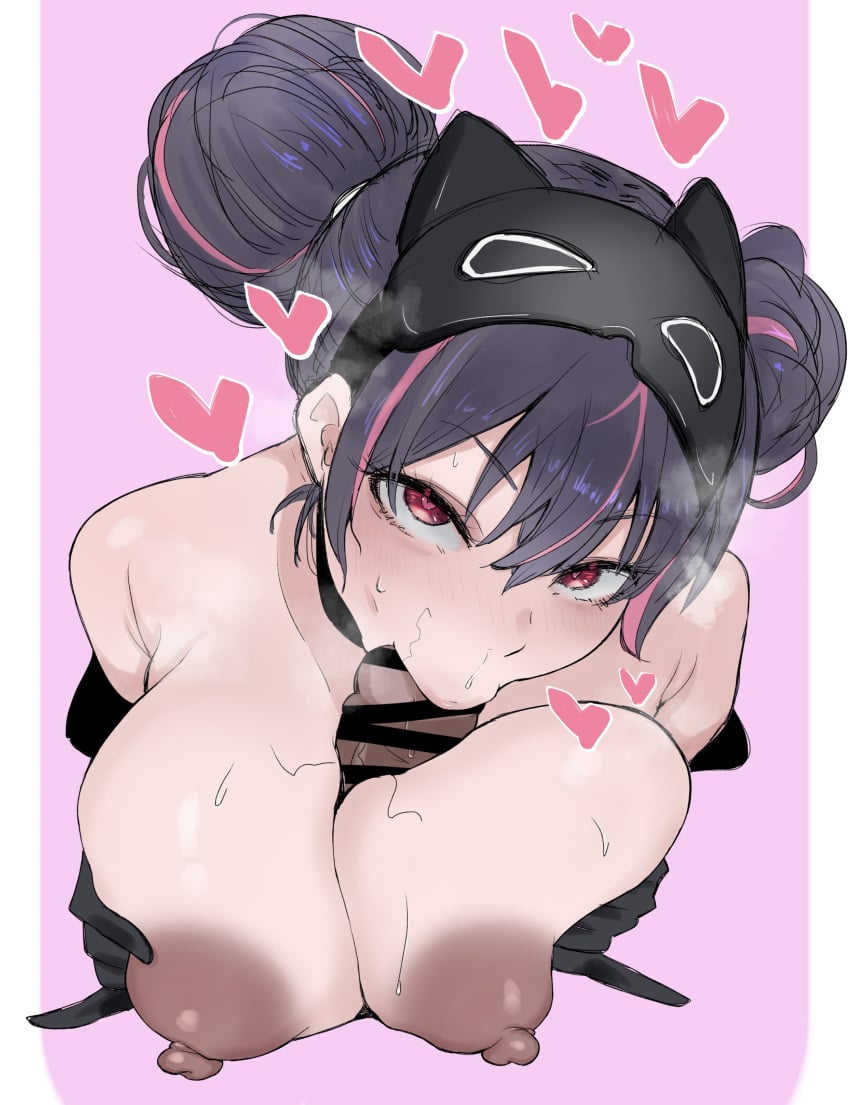 1girls :>= absurdres bar_censor black_hair breasts breasts_squeezed_together censored dark_areolae disembodied_penis double_bun eye_mask fellatio female goddess_of_victory:_nikke hair_bun heart highres ikachimenko9967 large_areolae large_breasts looking_at_viewer multicolored_hair nipples official_alternate_costume oral paizuri penis pink_background pink_eyes pink_hair pov puffy_nipples quency_(escape_queen)_(nikke) quency_(nikke) straight two-tone_hair upper_body