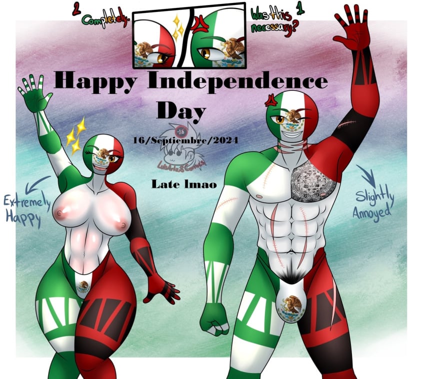 16th_of_september 1boy 1girls america busty countryhumans countryhumans_girl dia_de_la_independencia_de_mexico english_text female luisartz_(artist) male mexico mexico_(countryhumans) muscular muscular_male north_america text