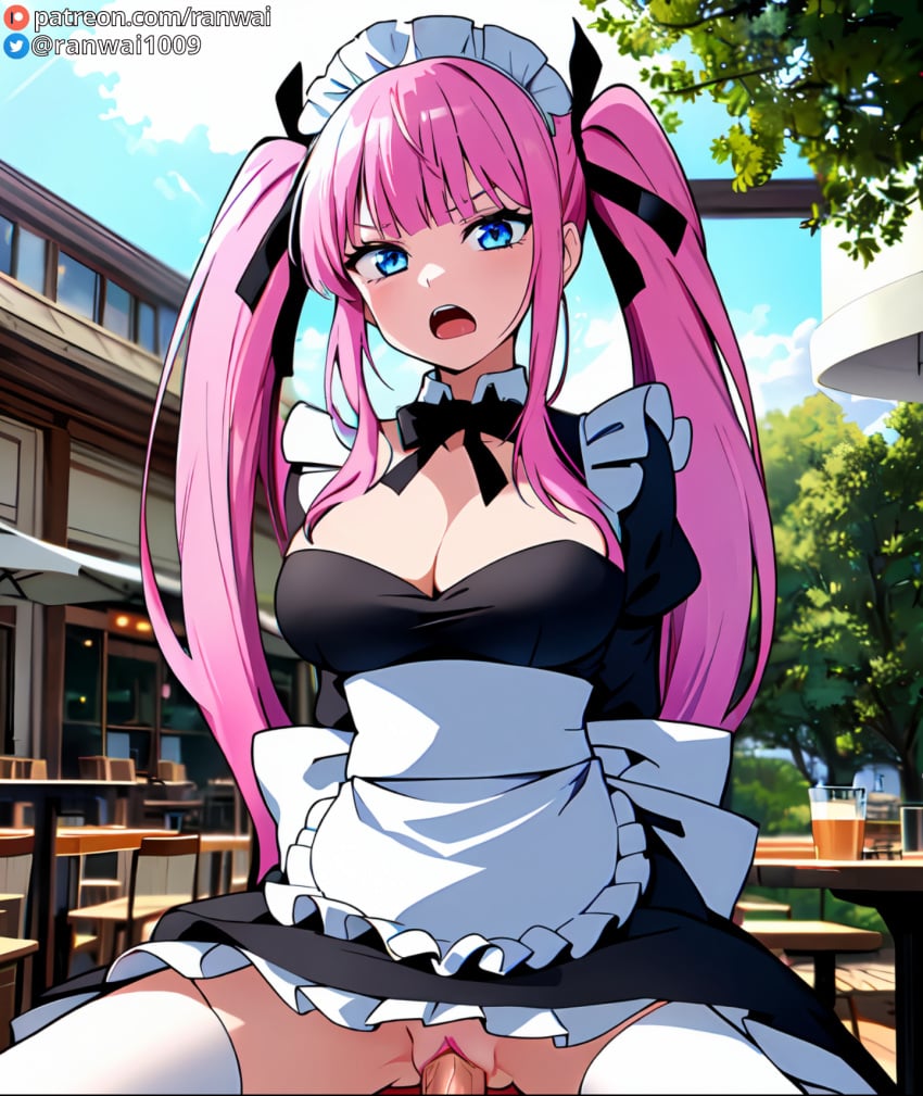 1boy ai_generated apron arms_behind_back bangs black_bow black_dress black_ribbon blue_eyes blunt_bangs blush bow bowtie breasts building cafe cleavage clothed_sex clothing condom cowgirl_position cowgirl_position cup day detached_collar dress female female frilled_apron frilled_dress frills hair_ribbon headdress headwear himekawa_nene indoors juliet_sleeves large_breasts legwear long_hair long_sleeves looking_at_viewer maid maid_apron maid_headdress male mayonaka_heart_tune neck_ribbon open_mouth outdoors penis pink_hair puffy_sleeves ranwai ribbon sex sidelocks sky solo_focus spread_legs stable_diffusion straddling straight table teeth thighhighs thighs tied_hair tree tune_in_to_the_midnight_heart twintails uniform upper_teeth_only v-shaped_eyebrows vagina vaginal_penetration very_long_hair waist_apron white_apron white_legwear white_thighhighs window