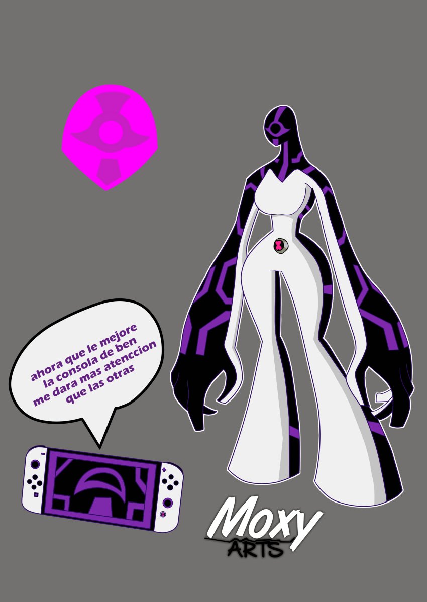 alien alien_girl alien_humanoid ben_10 ben_10_omniverse big_forearms big_hands chaquetrix faceless_character female female_focus female_only front_view galvanic_mechamorph grey_background no_feet no_toes one_eye outline pink_eyes purple_body solo spanish spanish_text standing upgrade upgrade(ben_10) upgrade_(ben_10) white_outline